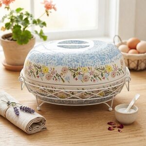 Temp-tations Tara Egg Shaped Covered Casserole Dish w Rack Blue Bouquet Floral